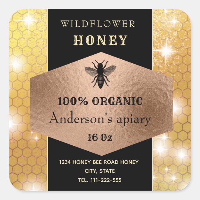 Étiquette de pot de miel d'abeille moderne pétilla (Devant)