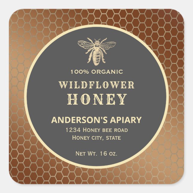 Étiquette de pot de miel en or moderne (Devant)