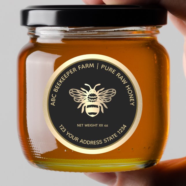 Étiquette de pot de miel Faux or & Abeille noire (Créateur téléchargé)