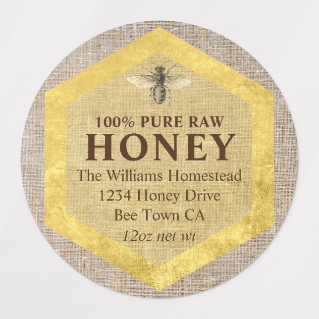 Étiquette de pot de miel rustique Nom d'abeille à  (Design 1)