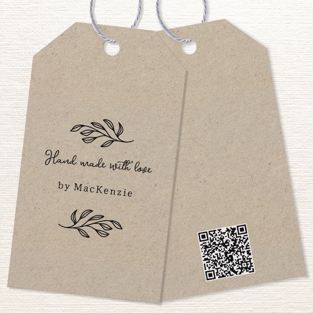 Étiquette de prix à code QR en papier marron fait  (Hand Made with Love custom name botanical leaf line art small business maker QR code price tag)