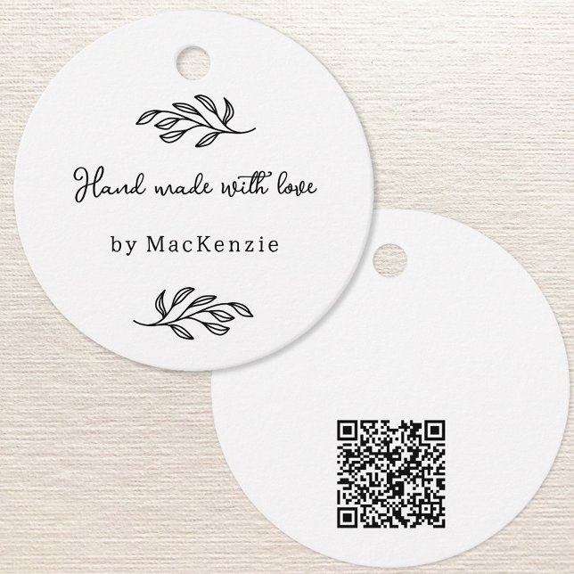 Étiquette de prix à code QR fait main avec amour (Hand Made with Love custom name botanical leaf line art small business maker price or hang tags)
