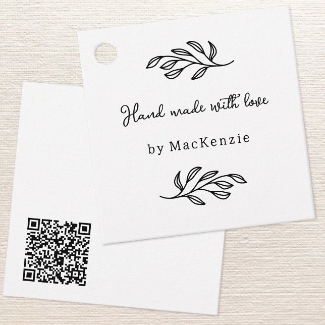 Étiquette de prix botanique QR Code fait main avec (Hand Made with Love custom name botanical leaf line art small business maker price or hang tag)