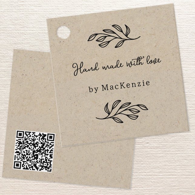 Étiquette de prix code QR marron fait main avec am (Hand Made with Love custom name botanical line art QR code small business maker price hang tag)