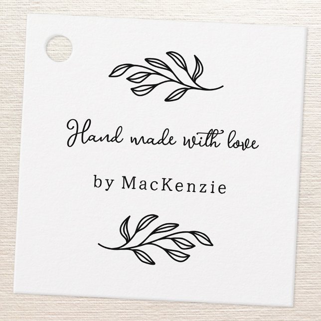 Étiquette de prix d'art botanique fait main avec a (Hand Made with Love custom name botanical leaf line art small business maker price or product tag)