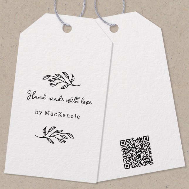 Étiquette de prix de produit avec QR code fait mai (Hand Made with Love custom name botanical leaf line art small business maker QR code price tag)