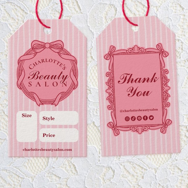 Étiquette de prix de salon à cadre en forme de nœu (Pink Ornate Bow Frame Salon Price Tag)