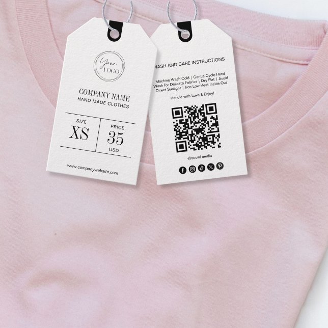 Étiquette de prix de vêtement à code QR minimalist (Business Logo Clothing Label Price Hang Tag, black and white)