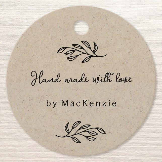 Étiquette de prix marron personnalisée faite à la  (Hand Made with Love personalized botanical leaf line art brown paper effect price or hang tags)