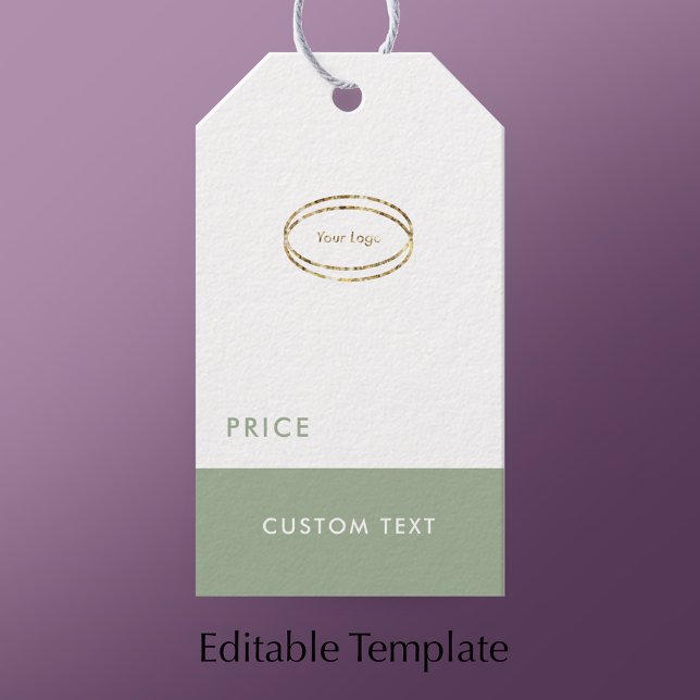 Étiquette de prix personnalisée avec logo vert sau (Customize this modern sage green price tag with your business logo and QR code.
)