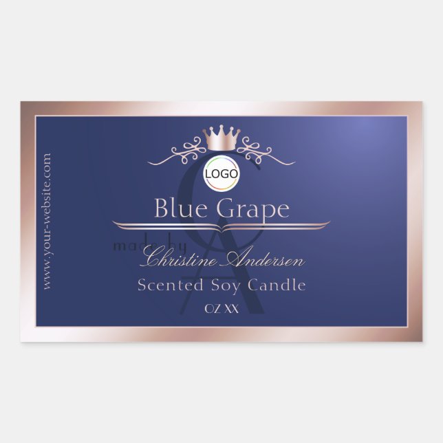 Étiquette de produit bleue avec monogramme et cadr (Devant)