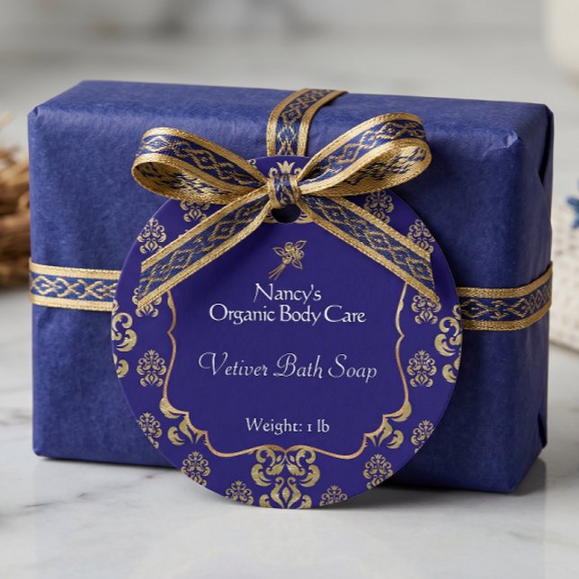 Étiquette de produit en damas bleu marine et doré (Créateur téléchargé)