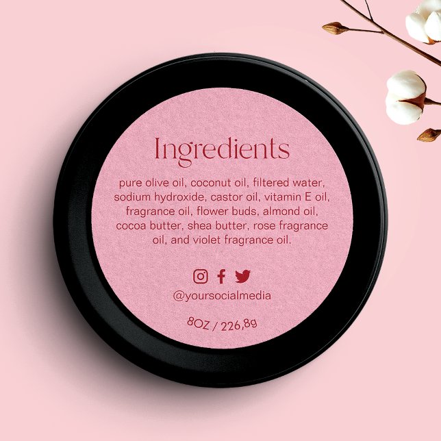 Étiquette de produit ingrédients rose pâle ronde  (Créateur téléchargé)
