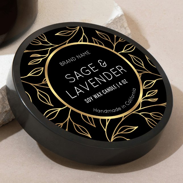 Étiquette de produit rond pour bougie florale noir (Elegant black and faux gold round product label with floral background)