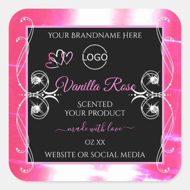 Étiquette de produit rose éclatant noir avec logo (Devant)