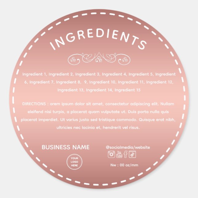 Étiquette de produit rose Gold Ingredient Directio (Devant)