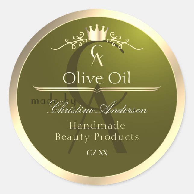 Étiquette de produit vert olive avec Monogramme de (Devant)