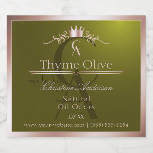 Étiquette de produit vert olive Cadre rose monogra
