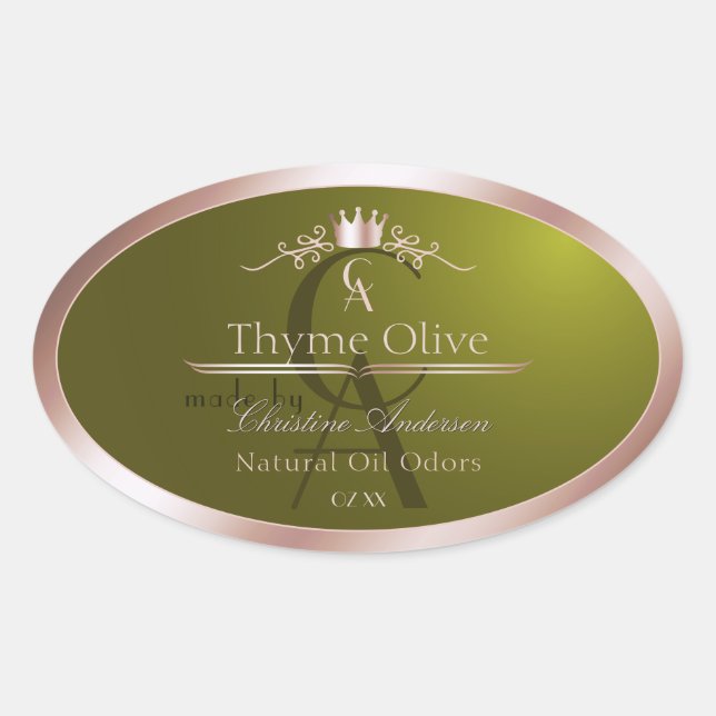 Étiquette de produit vert olive Cadre rose monogra (Devant)
