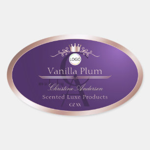 Étiquette de produit violet cadre doré rose monogr