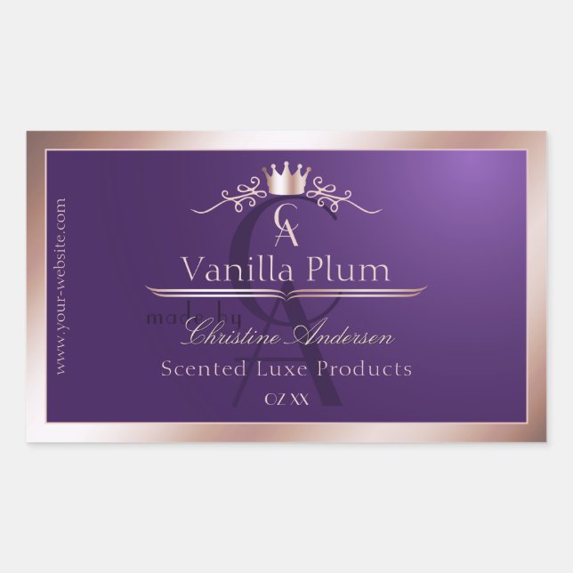 Étiquette de produit violet foncé cadre or rose mo (Devant)