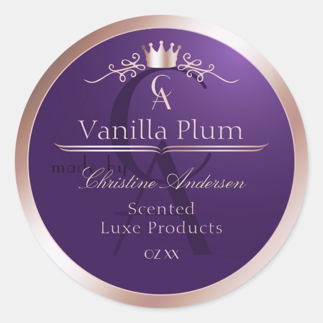 Étiquette de produit violet foncé cadre or rose mo (Devant)
