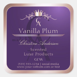 Étiquette de produit violet foncé cadre or rose mo