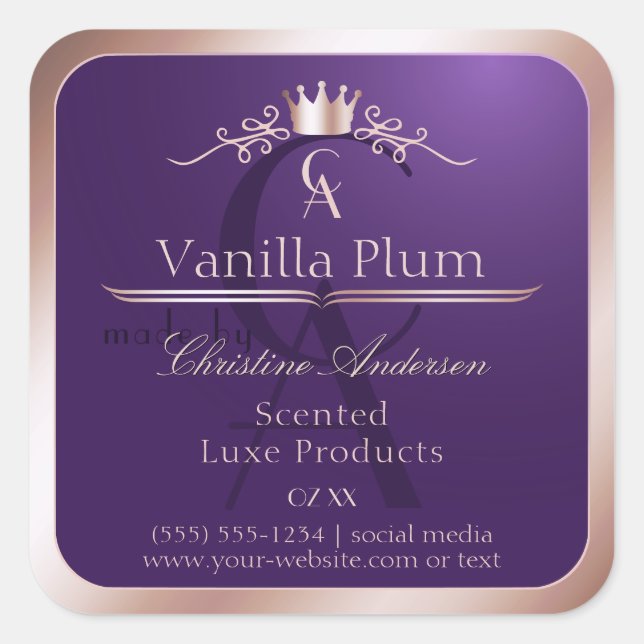 Étiquette de produit violet foncé cadre or rose mo (Devant)