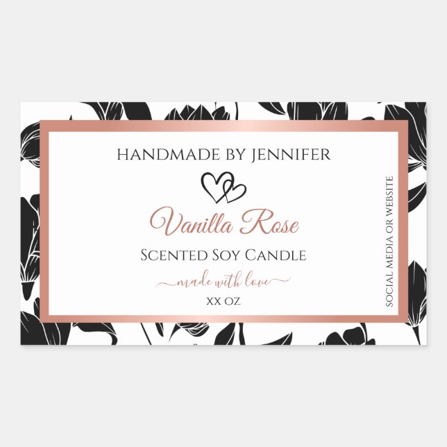 Étiquette de produits floraux noir et blanc Rose o (Devant)
