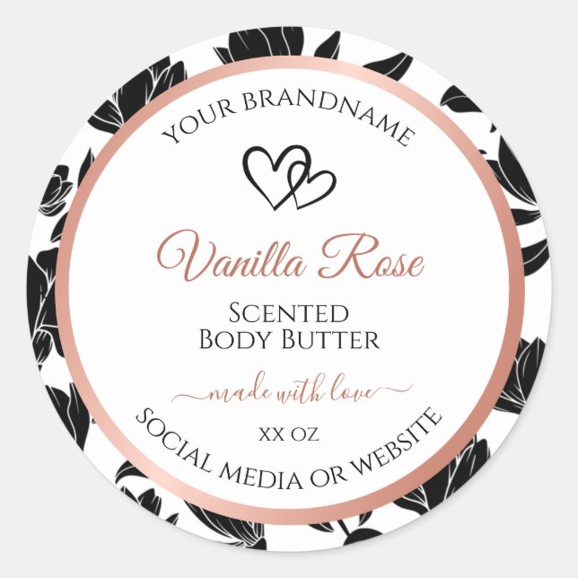 Étiquette de produits floraux noir et blanc Rose o (Devant)