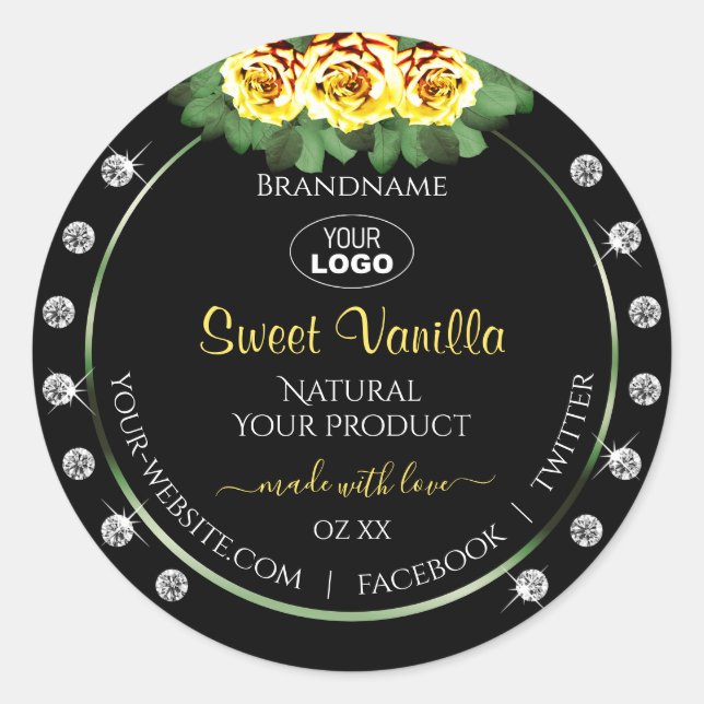 Étiquette de produits noirs Vert Jaune Roses Bijou (Devant)