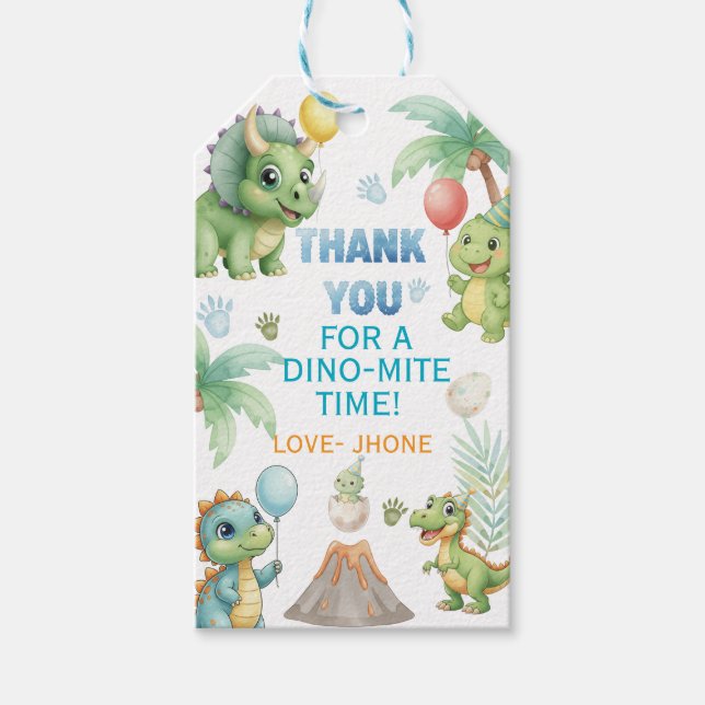 Étiquette de remerciement de dinosaure avec activi (Devant)