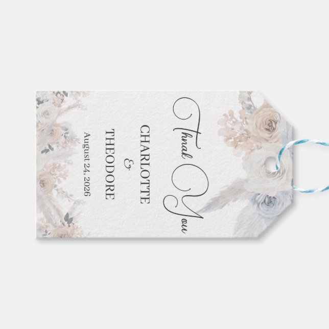 Étiquette de remerciement de mariage fleurie beige (Devant (Horizontal))