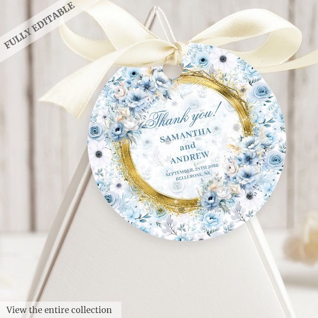 Étiquette de remerciement de mariage Glam Boho Ble (Glam Boho Dusty Blue Gold Wedding Thank You Tag)