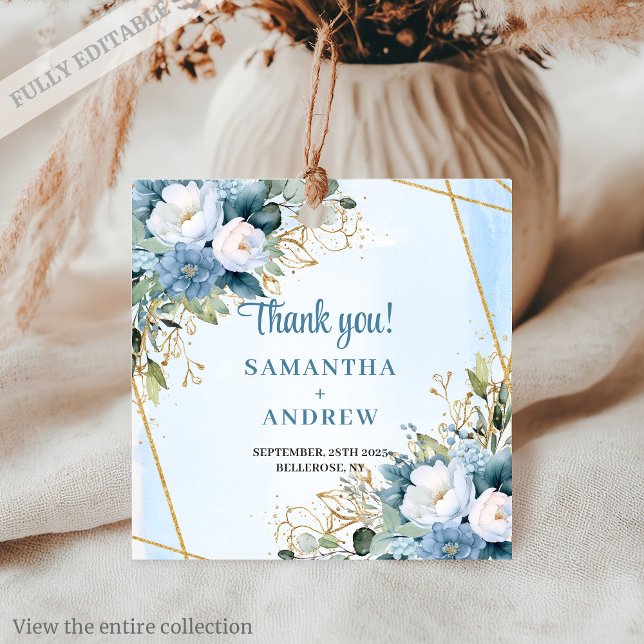 Étiquette de remerciement de mariage moderne pouss (Modern Dusty Blue Greenery Gold Wedding Favor Tag)