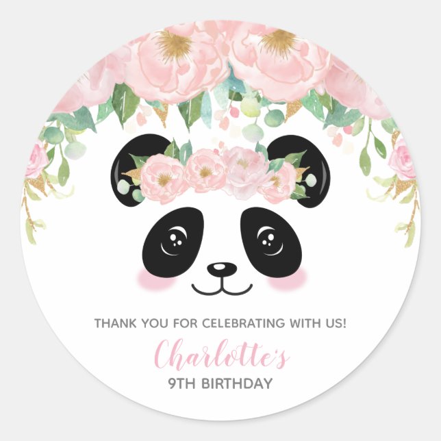 Étiquette de remerciement de panda mignon à fleurs (Devant)