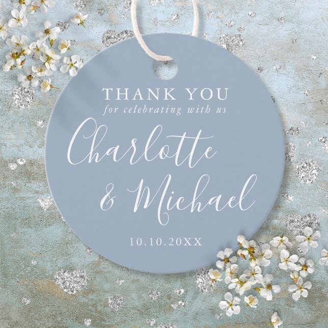 Étiquette de remerciement Dusty Blue de Script Sig (Signature Script Dusty Blue Thank You Favor Tags)