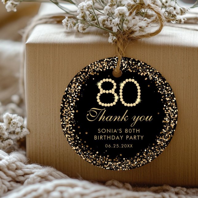 Étiquette de remerciement pour 80e anniversaire él (Black and Gold 80th birthday thank you tag)