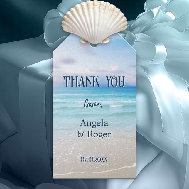 Étiquette de remerciement pour cadeau de mariage c (Elegant design wedding Thank You gift tag featuring a colorful blue turquoise beach)