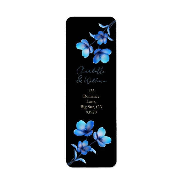 Étiquette de renvoi d'adresse florale noire et ble (Devant)