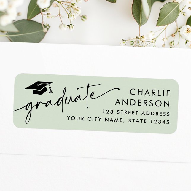 Étiquette de renvoi vert clair avec chapeau de dip (Graduate graduation cap light green return address label)