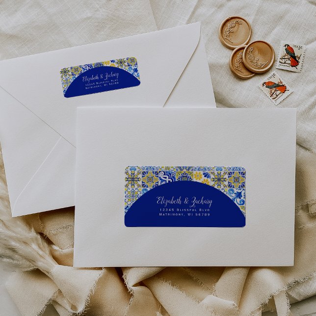 Étiquette de réponse de mariage à carreaux bleus j (Créateur téléchargé)
