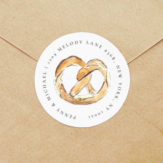 Étiquette de retour d'adresse aquarelle Bretzel mo (Watercolor soft pretzel New York City return address label round sticker.)