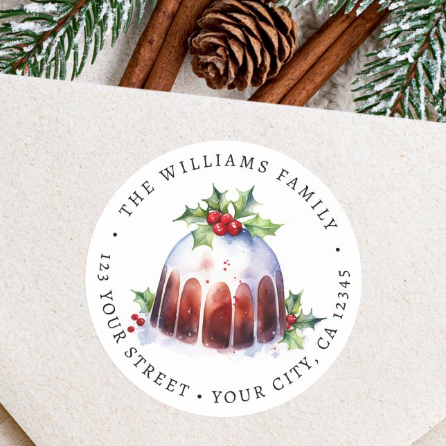 étiquette de retour d'adresse aquarelle pudding de (Christmas pudding watercolor return address classic round sticker)