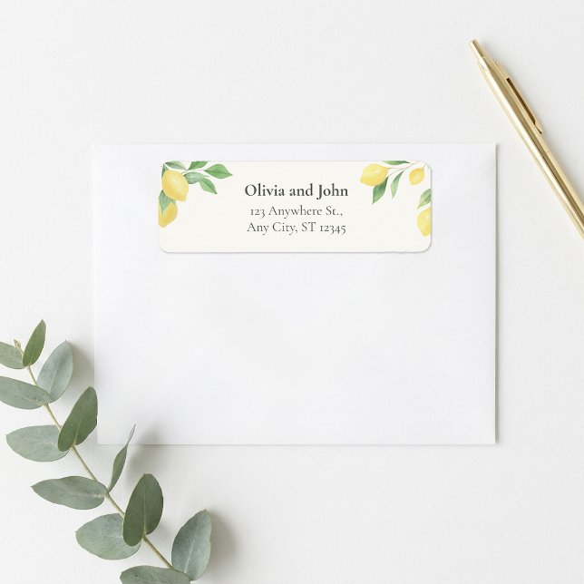 Étiquette de retour d'adresse de mariage avec verd (Lemon Citrus Greenery Wedding Return Address Label)