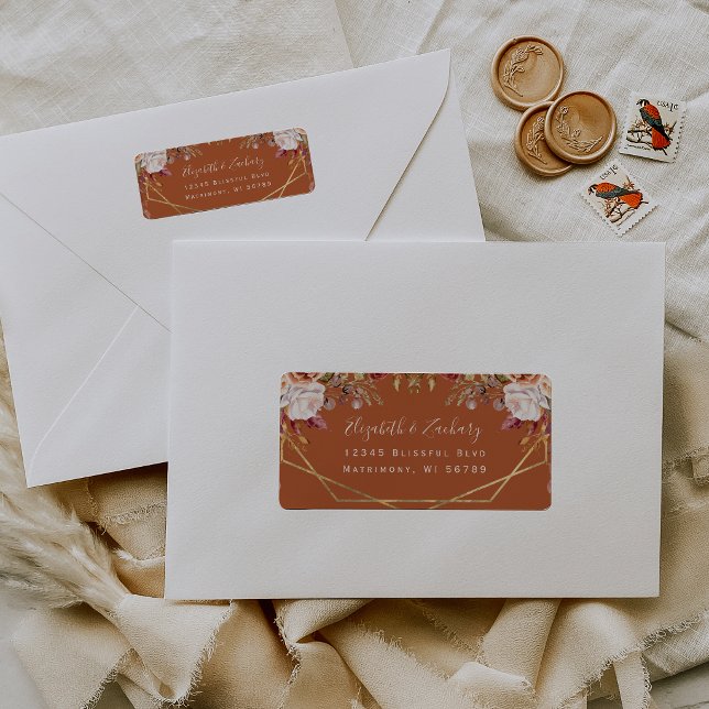 Étiquette de retour d'adresse de mariage floral or (Créateur téléchargé)