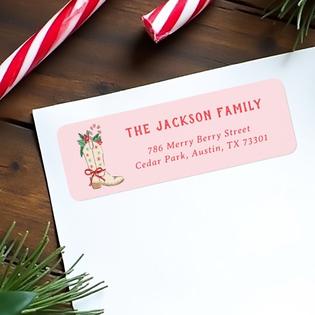 Étiquette de retour d'adresse de Noël Country Cowb (country Christmas address labels with cowboy boot illustration)