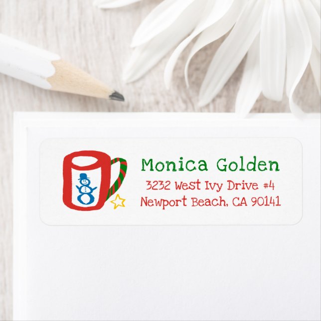 Étiquette de retour d'adresse de Noël Mug Doodle N (En situation)
