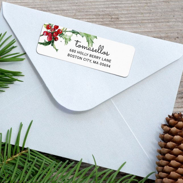 Étiquette de retour d'adresse Élégante à motif de  (Elegant Watercolor Holly Berries Return Address Label)
