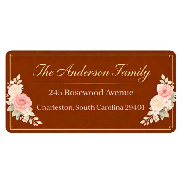 Étiquette de retour d'adresse florale de luxe pour (Elegant Floral Address Label — Personalized family stationery featuring soft blush roses and warm br)